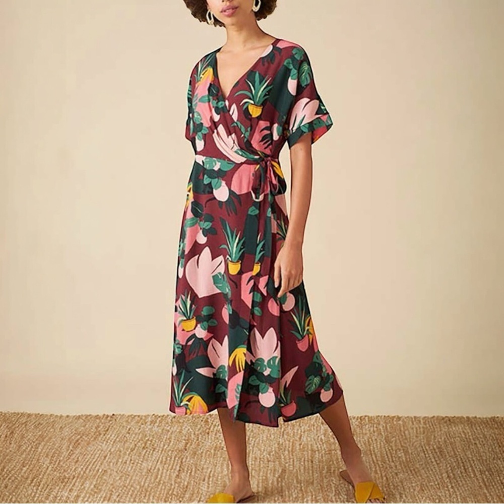 EMILY AND FIN Jenna Medina Wrap Midi Dress Plant and Black Cat Print